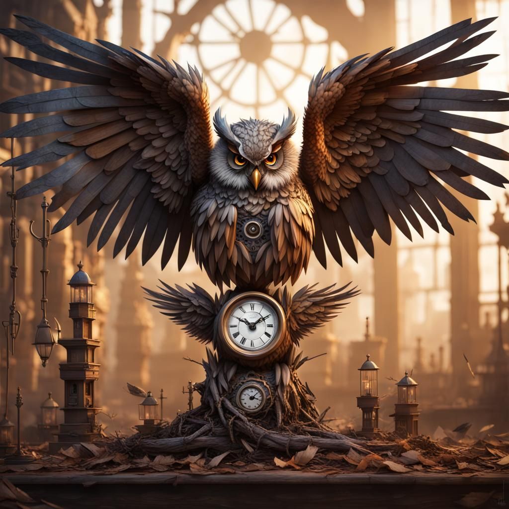 Menacing Clockwork Owl: Detailed Matte Painting
