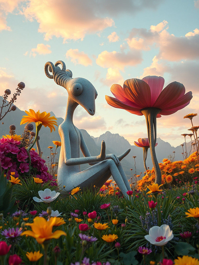 Anthropomorphic Creature in Grotesque Golden Hour Landscape