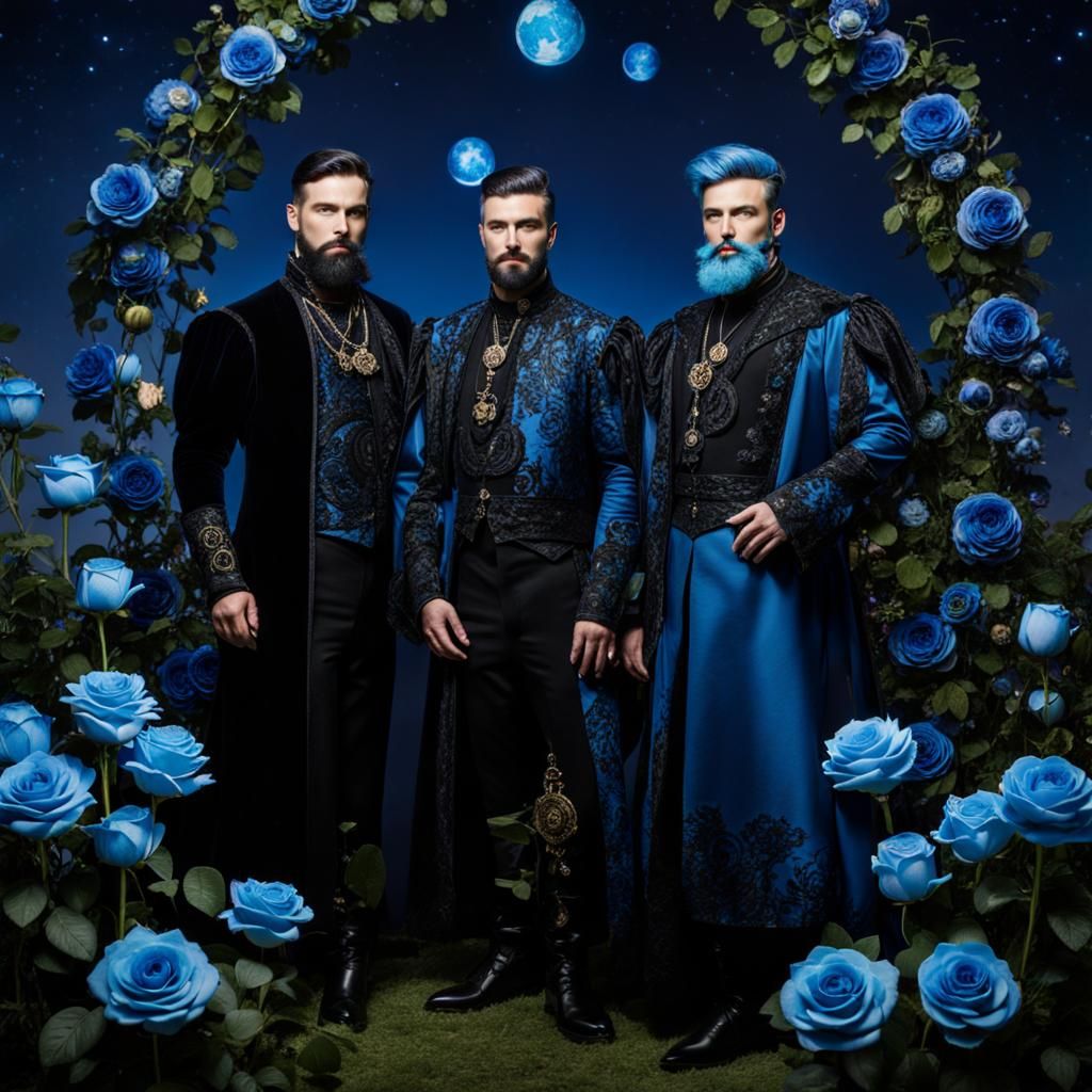 Baroque Men with Blue Beards in Rose Garden