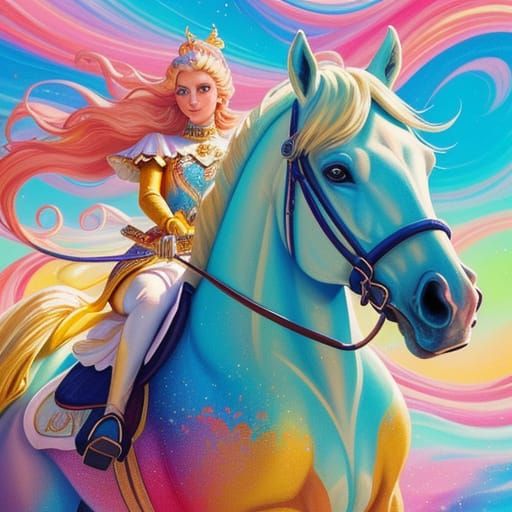Blonde Woman Riding Horse in Candyland Wonderland