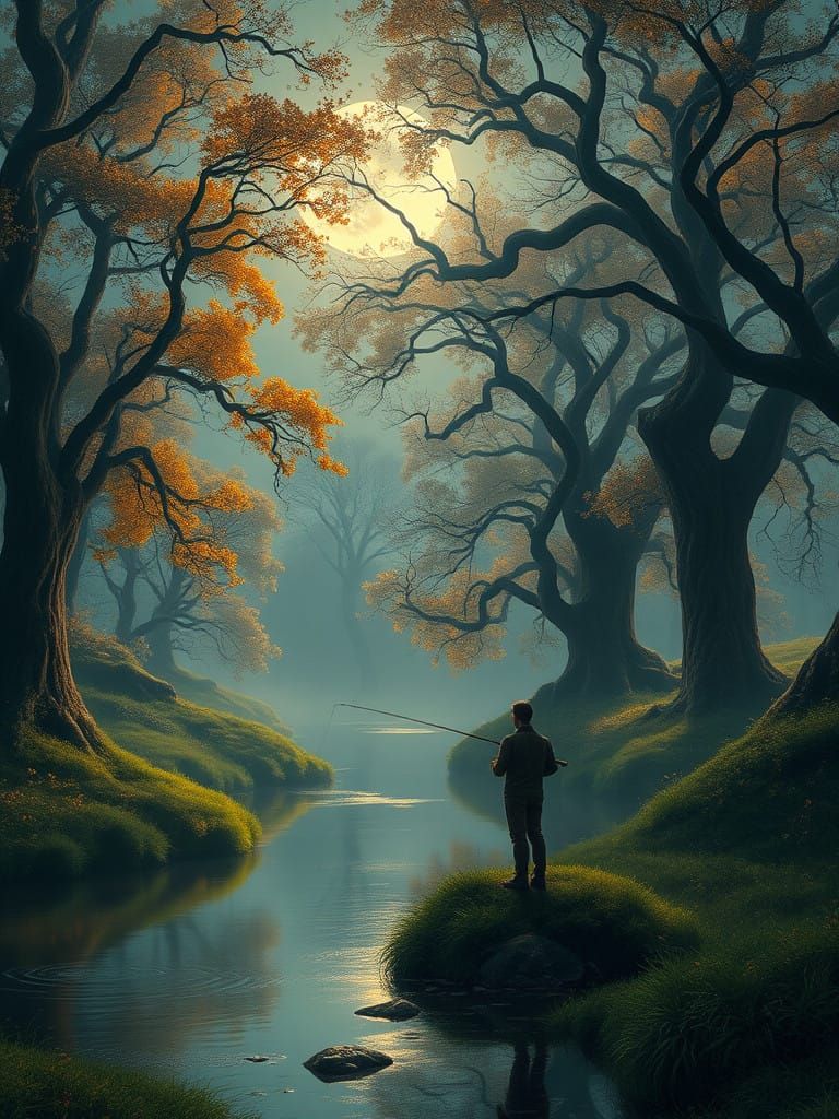 Moonlit Stream at Sunset in a Mystical Landscape