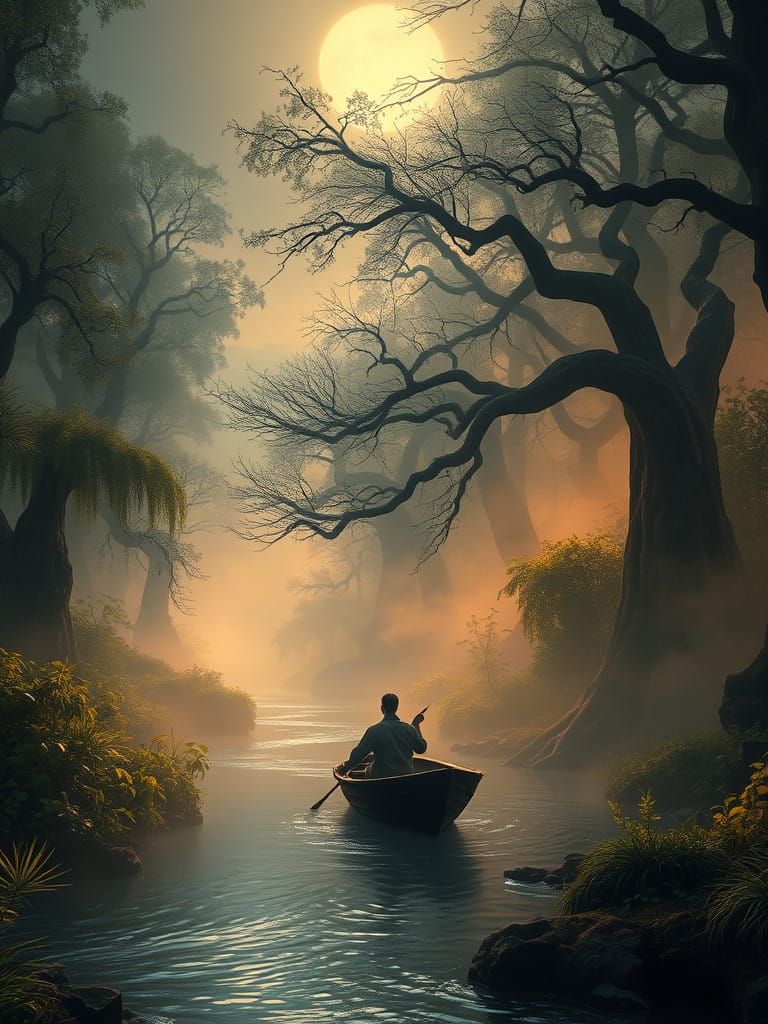 Contemplative Man in a Moonlit Forest