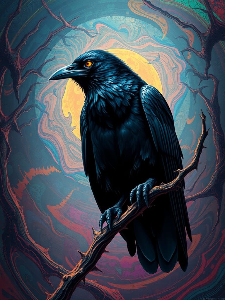 Three-Eyed Raven in Psychedelic Surrealism Style