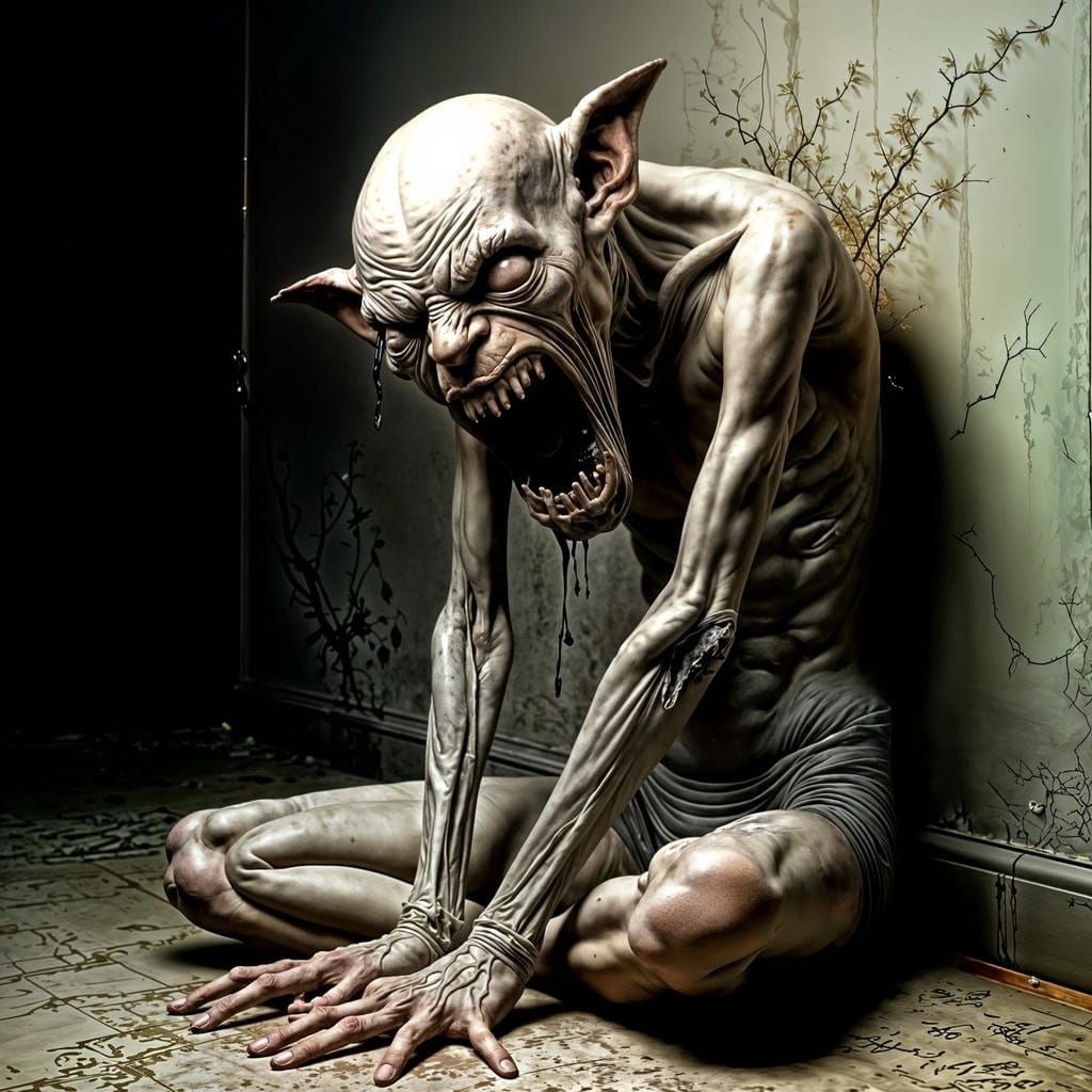 Eerie Creature's Grief in Surrealist, Romantic Style