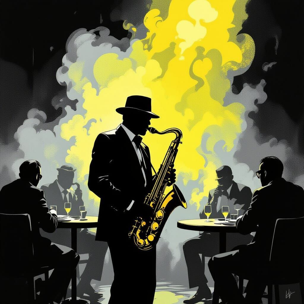 Smoky Jazz Club Saxophonist in Bold Black and White Style