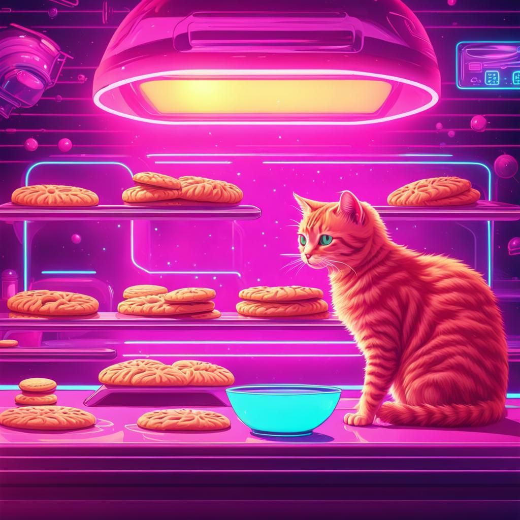 Cat Baking Biscuits in Neon Space Bakery