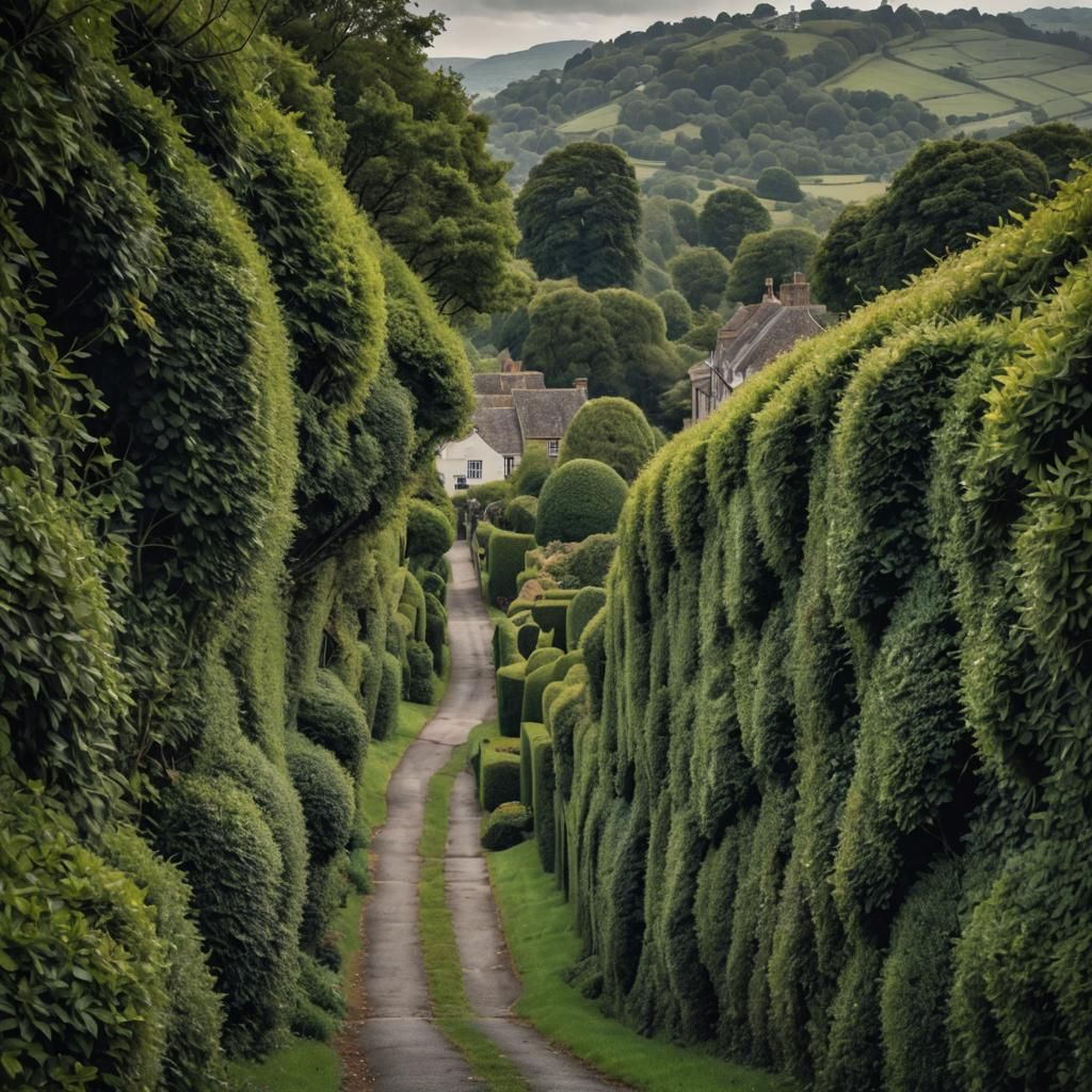 Picturesque Hillside View with Hedge in Hyperrealistic Style