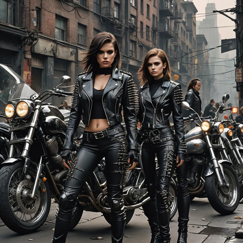 Female Bikers in Dark Fantasy Urban Landscape