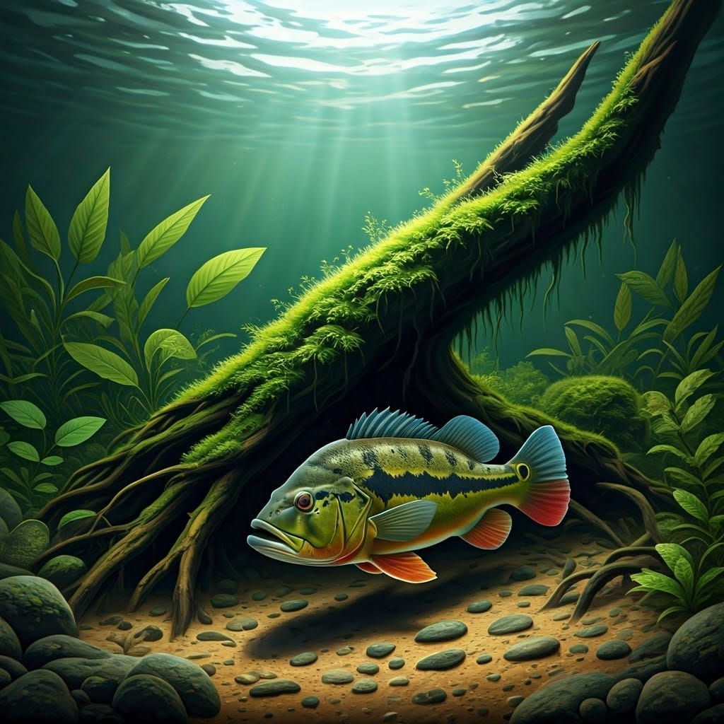 Vibrant Peacock Bass in a Lush Swamp Biotope