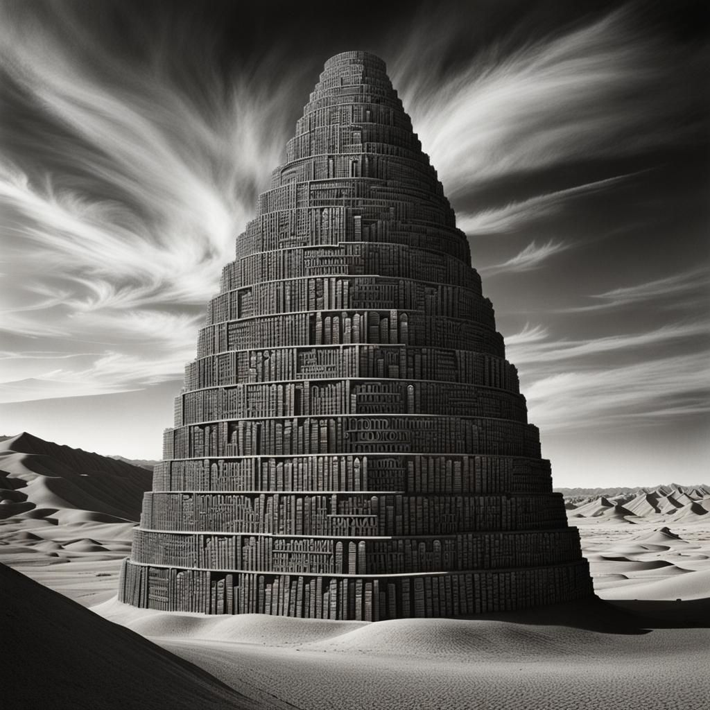 Tower of Babel Constructed of Words: Charcoal Drawing