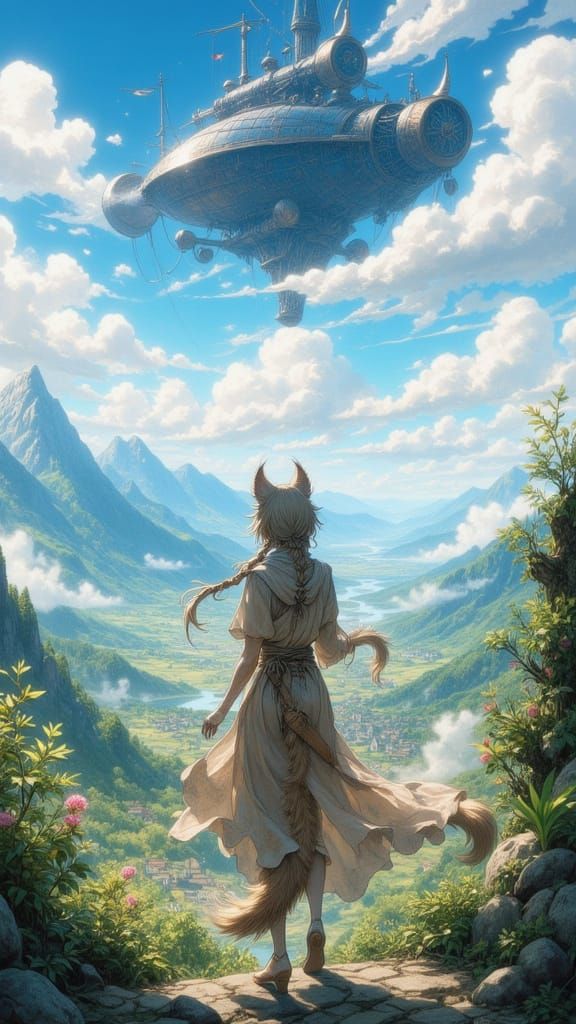 Anime Catgirl Overlooks Village with Fantasy Airship