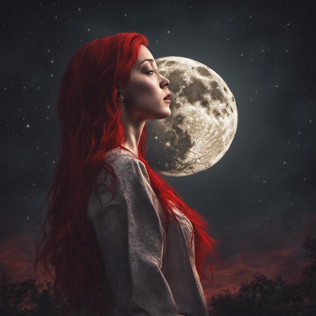Woman with Red Hair Gazing at Moonlit Sky
