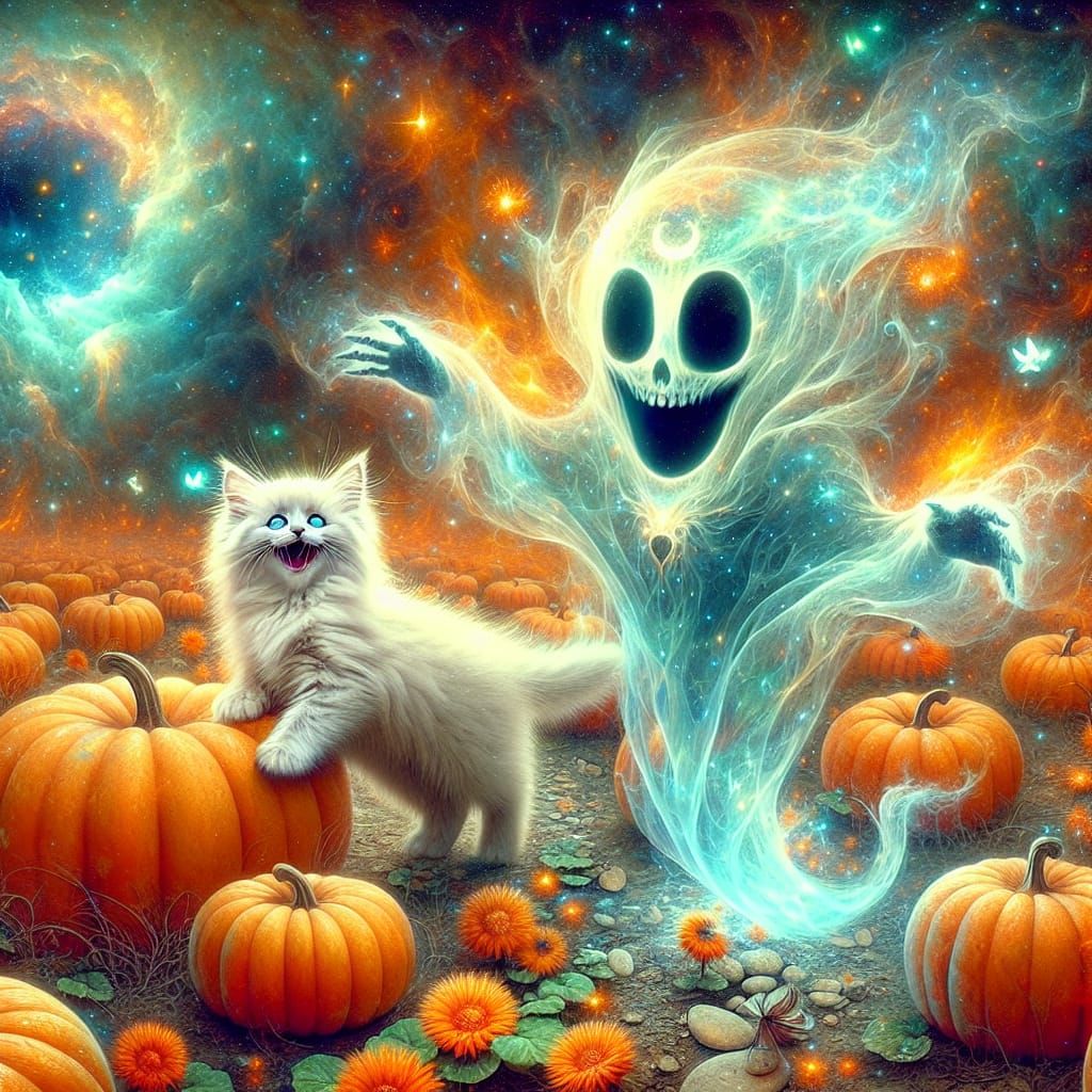 Ethereal Ghost and Kitten Frolic in Pumpkin Patch