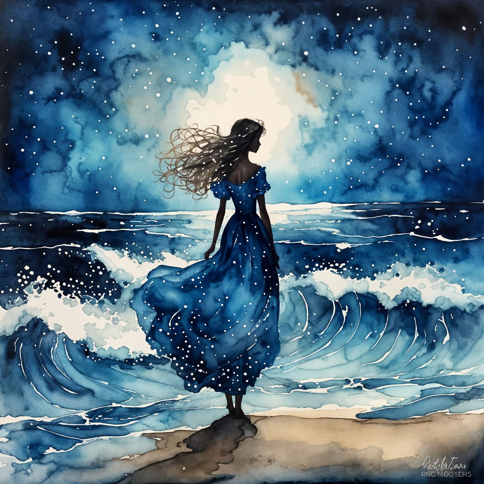 a blue silhouette of a lonely young lady standing on a beach at night wearing a long flowing dress blowing in the wind :...