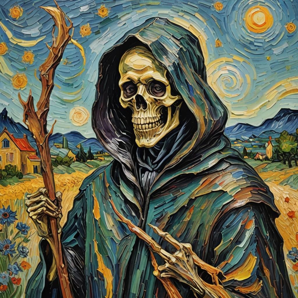 Colorful Grim Reaper in Van Gogh Impasto Style