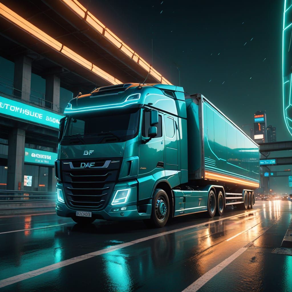 Sleek Futuristic DAF Truck on a Metallic Highway in Triadic ...