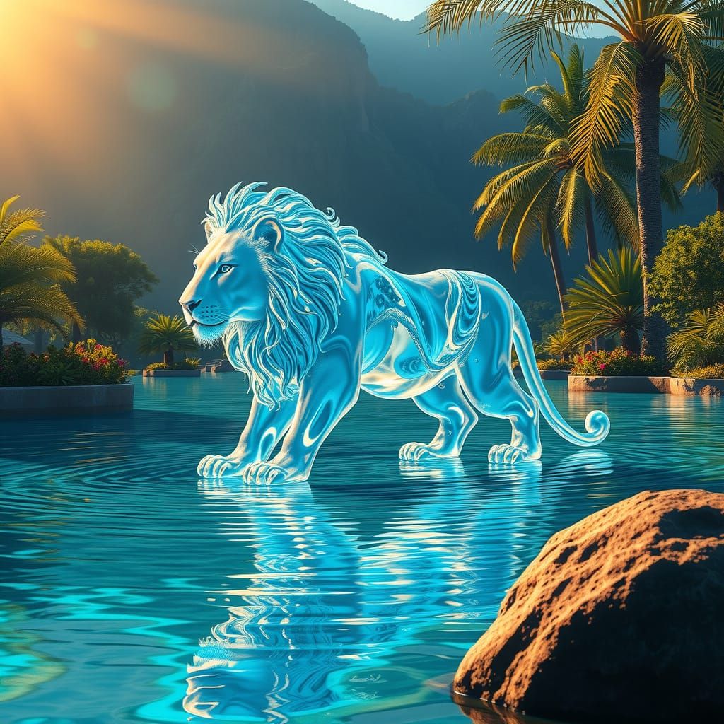 Surreal Oasis with Liquid Lion in Hyper-Realistic Digital Ar...
