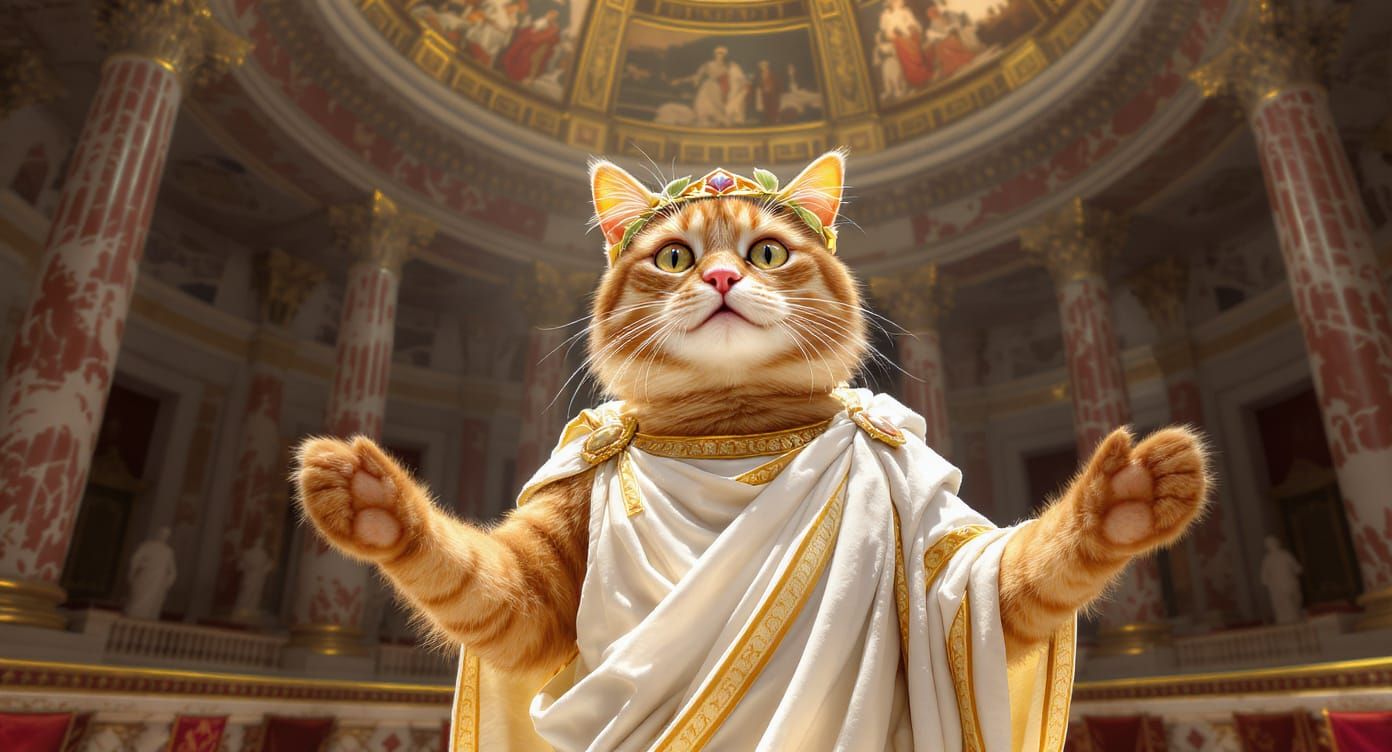 Emperor Cat Addresses Roman Senate in Photorealistic Style