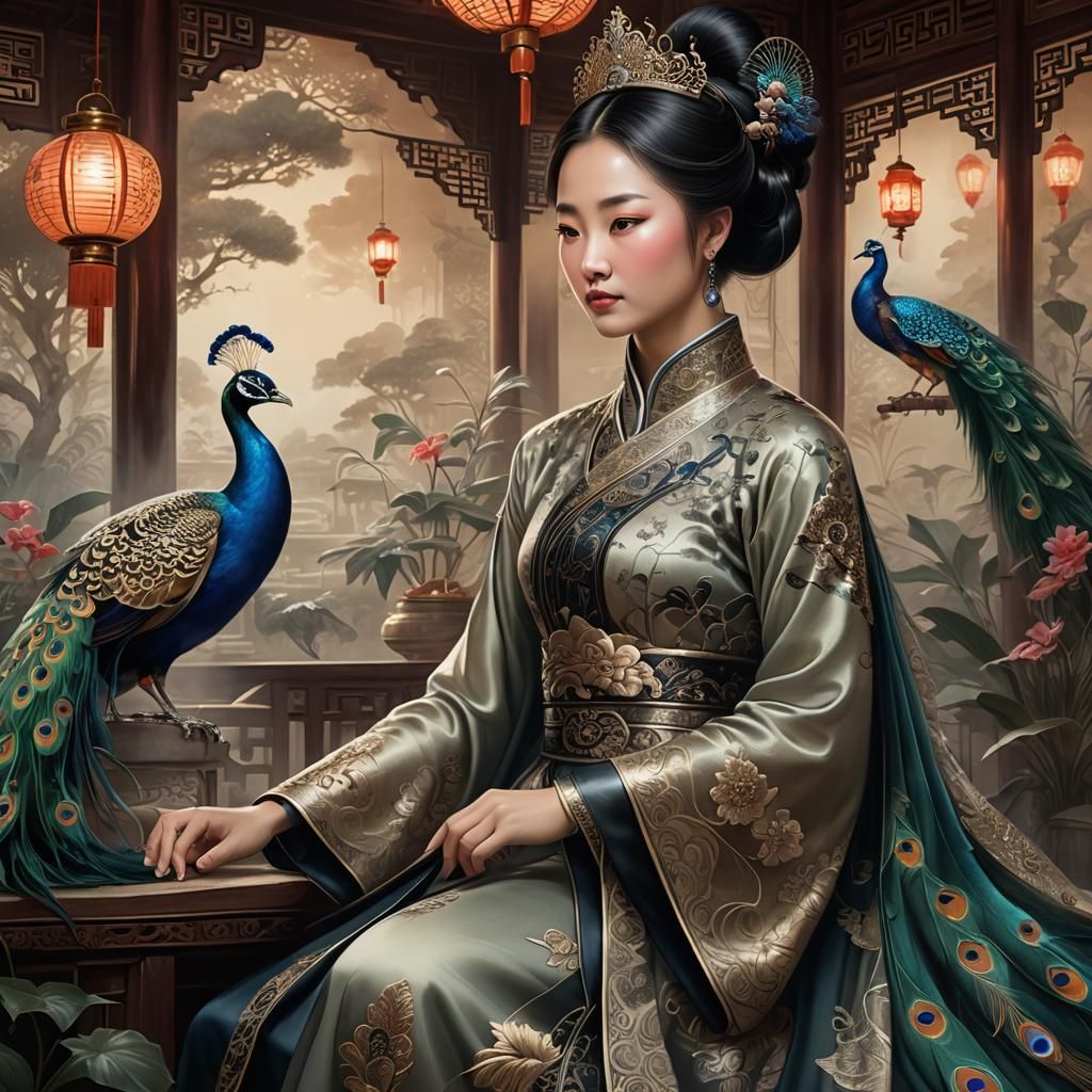 Chinese Princess with Peacock in Ink Drawing Style
