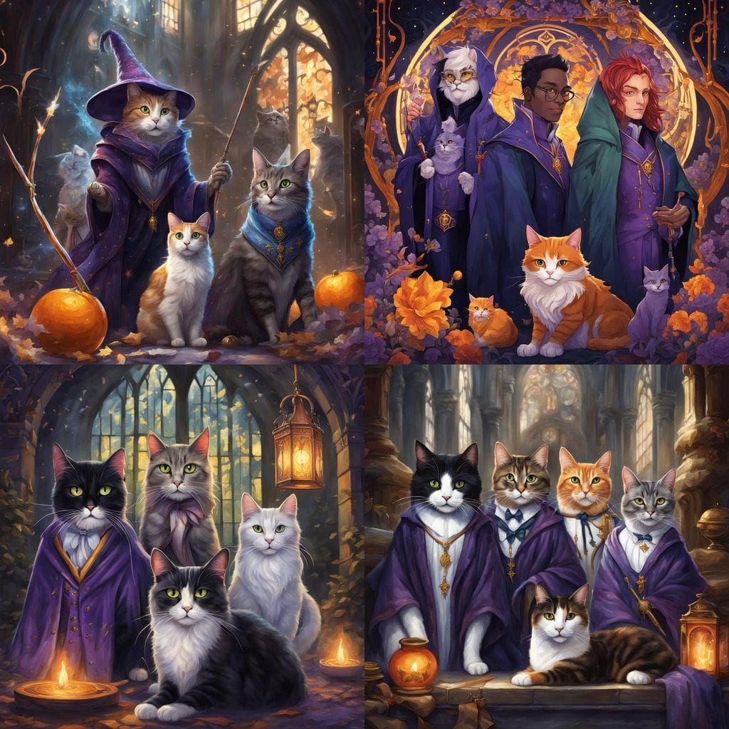 Wizard Cats Cast Spells in Dark Fantasy Masterpiece, Harry P...
