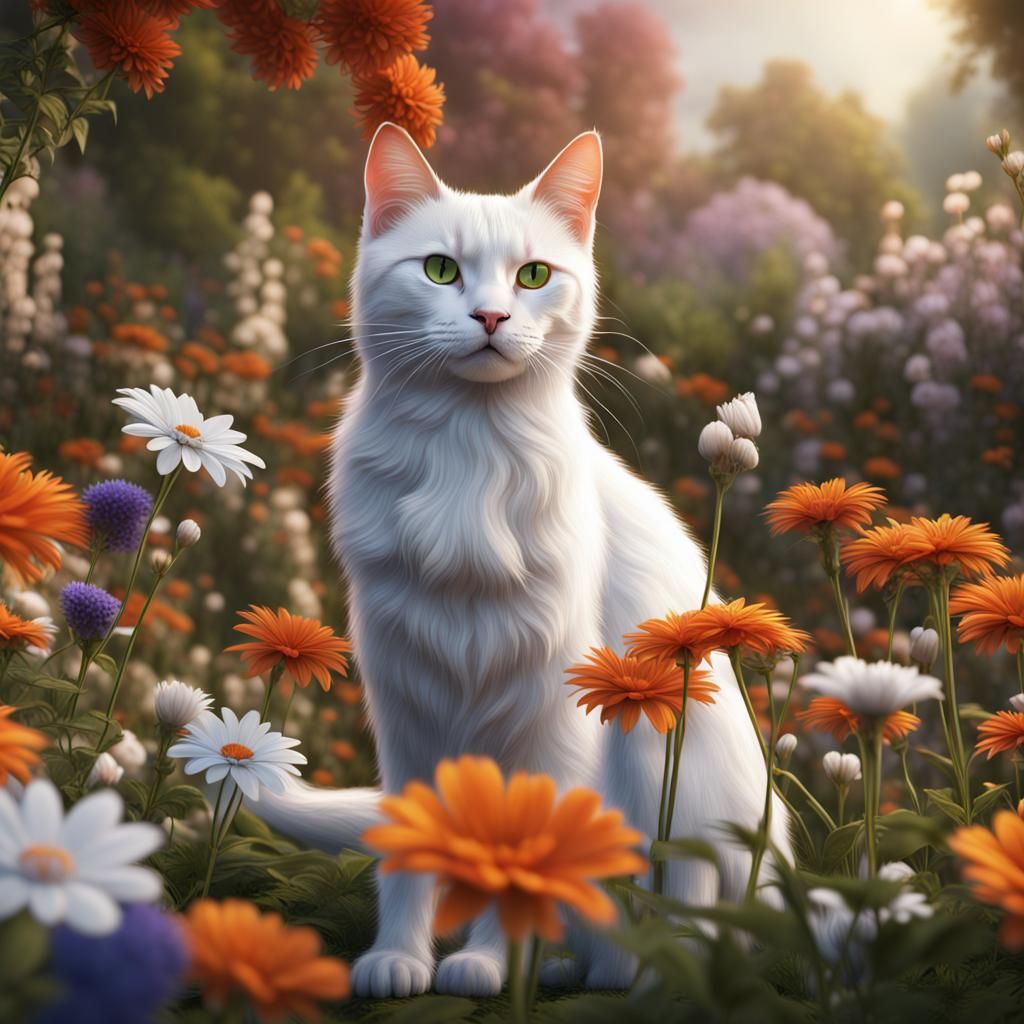Cat in Flower Garden: Detailed Matte Painting