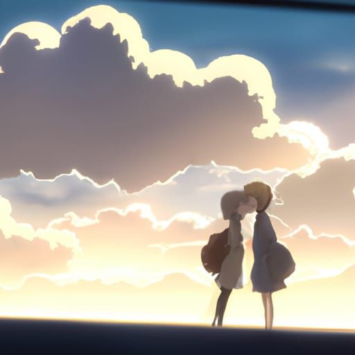 Girls Kissing Under Clouds in Anime Style