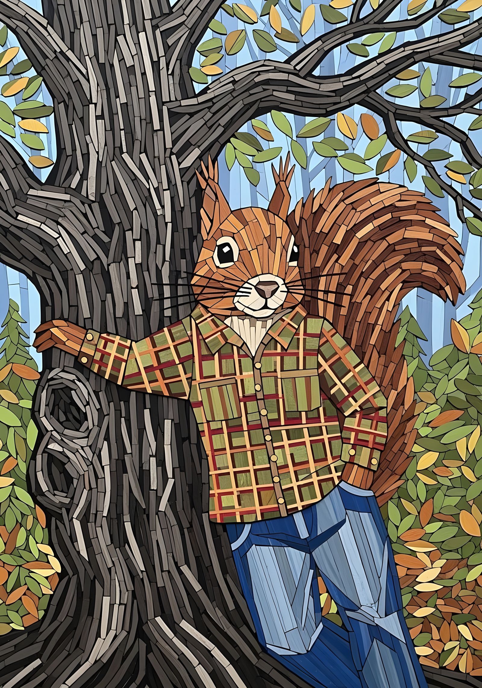 Wooden Tile Squirrel in Flannel Shirt