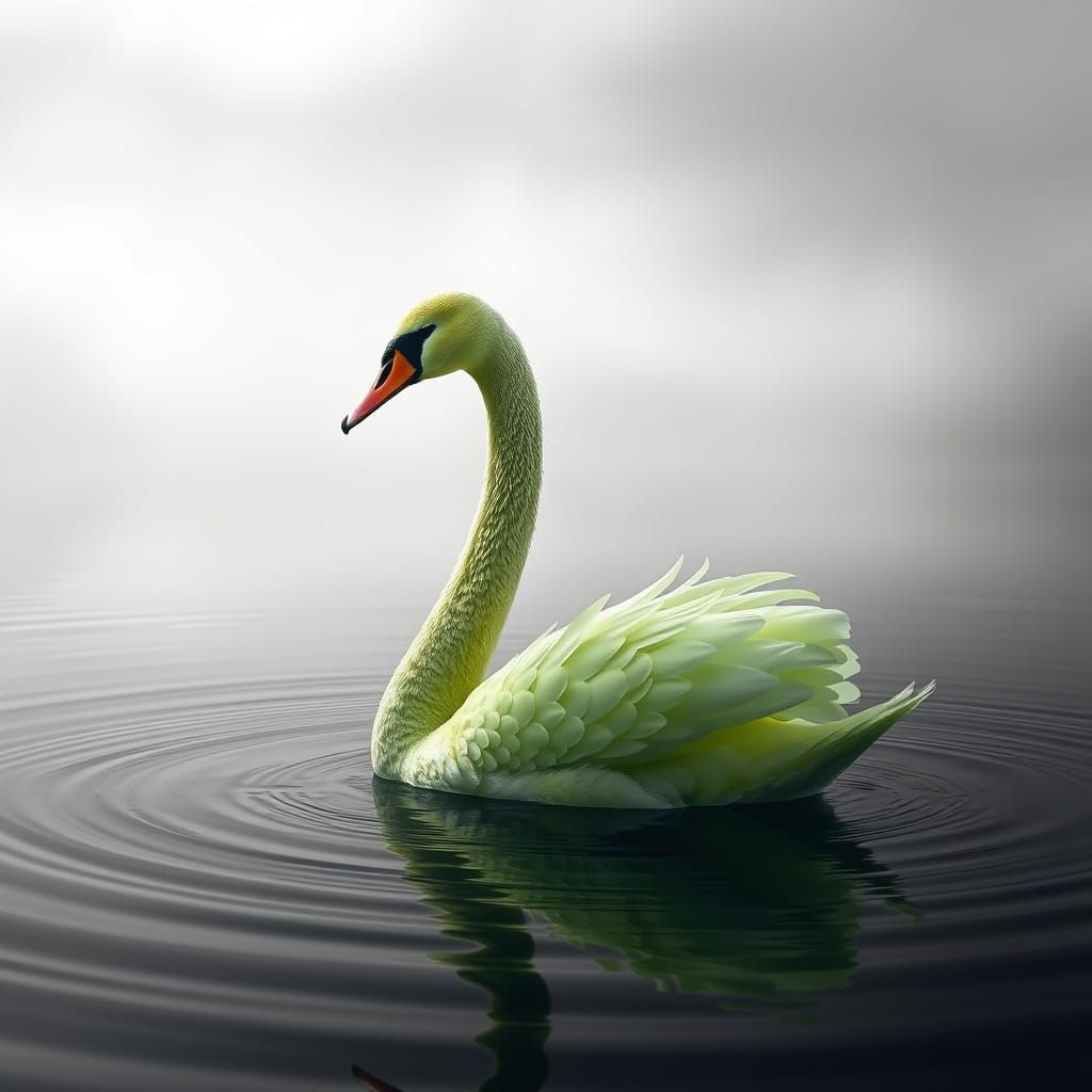 Ethereal Chartreuse Swan Rises from Misty Lake