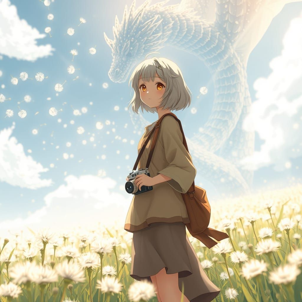 Envision a whimsical anime scene depicting a 17-year-old girl with soft silver-blonde hair, dressed in layered earth-ton...
