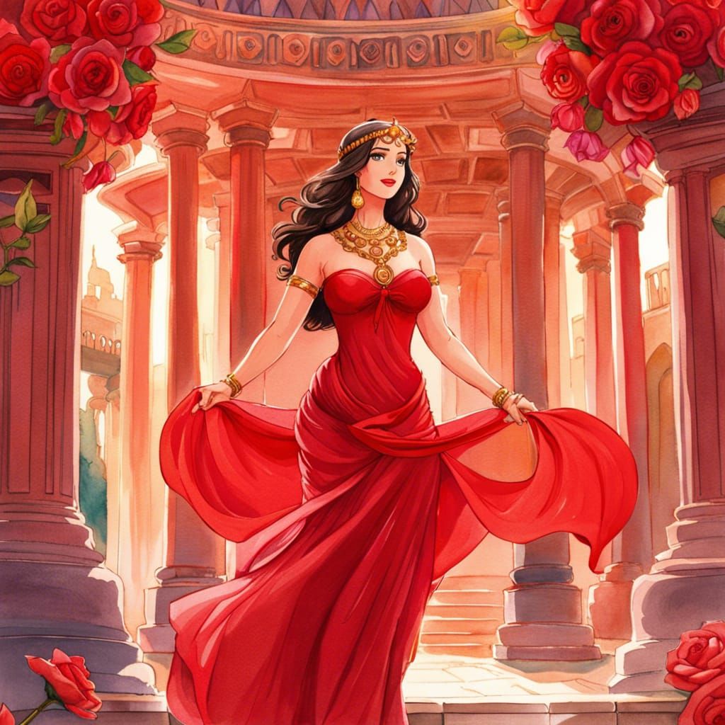 Temple Belly Dancer in Ghibli Watercolor Style