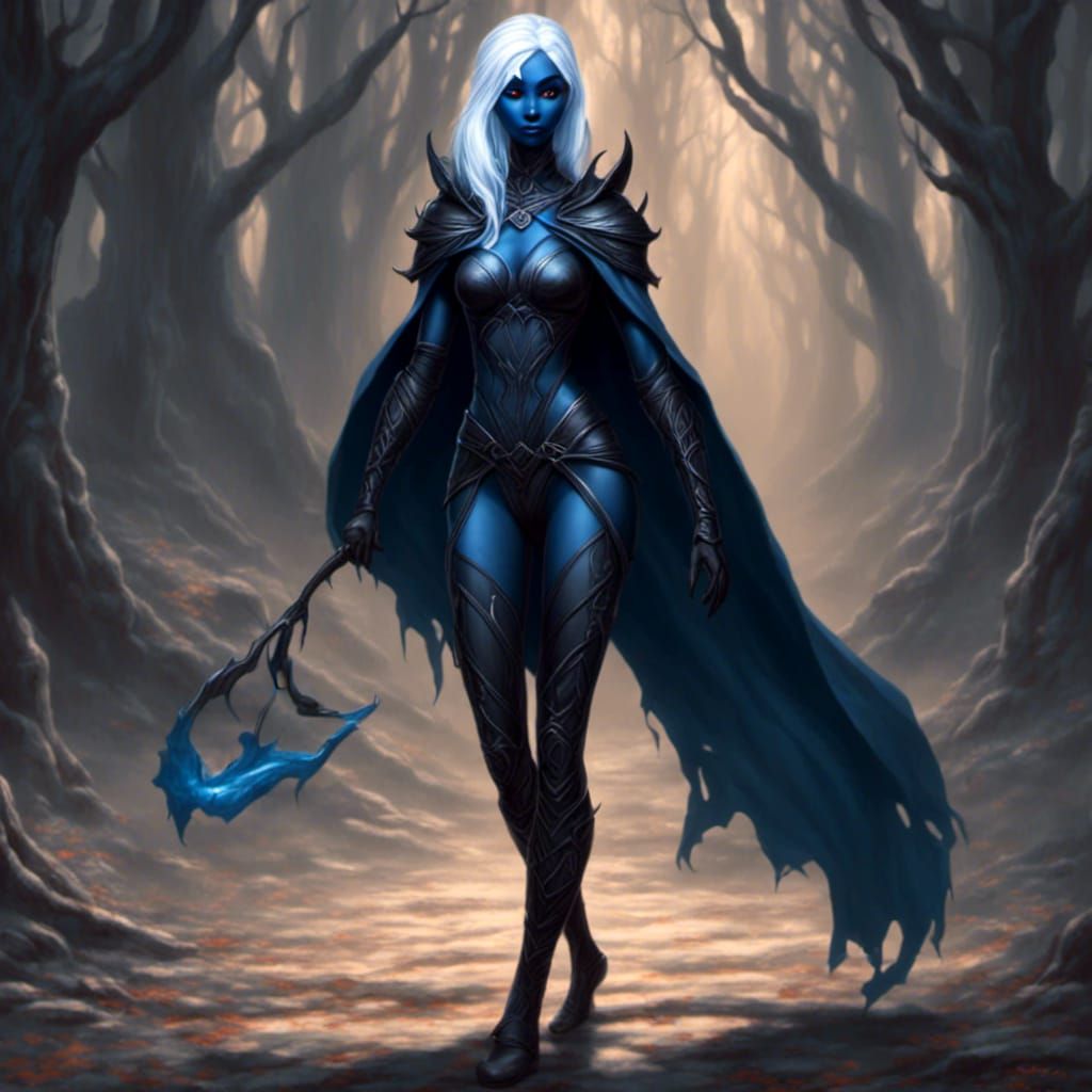 Female drow elf with skin of a matte black so dark it seems to be a shadow of itself. <lora:Gridrunners v1:1.0> <lora:Dr...