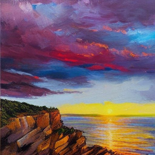 Impressionist Oil Painting of Dramatic Sunset Over Ocean Cli...