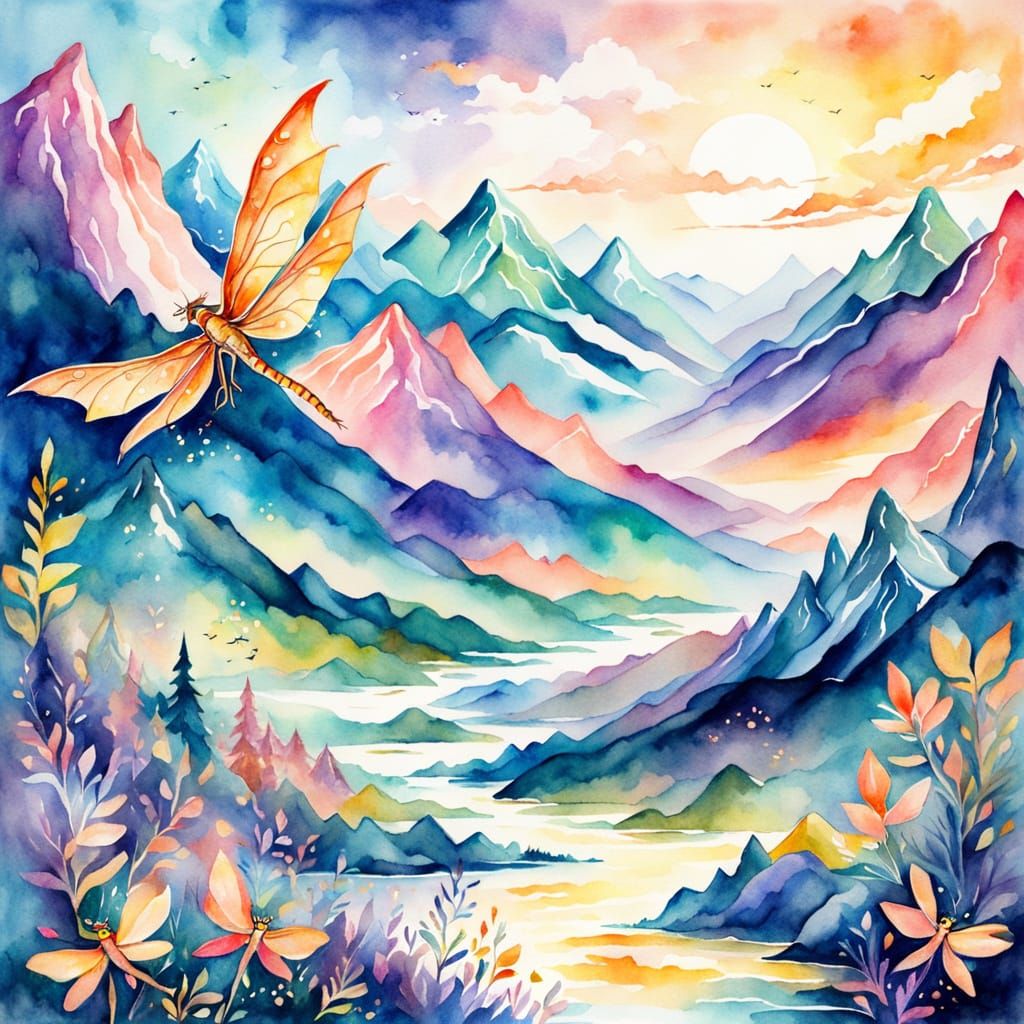 Dragon Over Mountains in Fauvist Watercolor