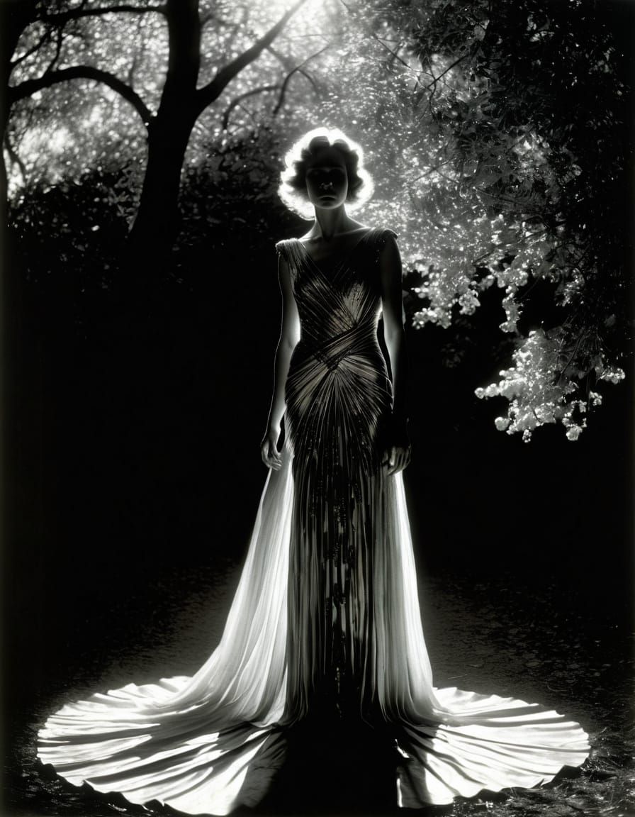 Woman in Evening Gown with Crepuscular Lighting
