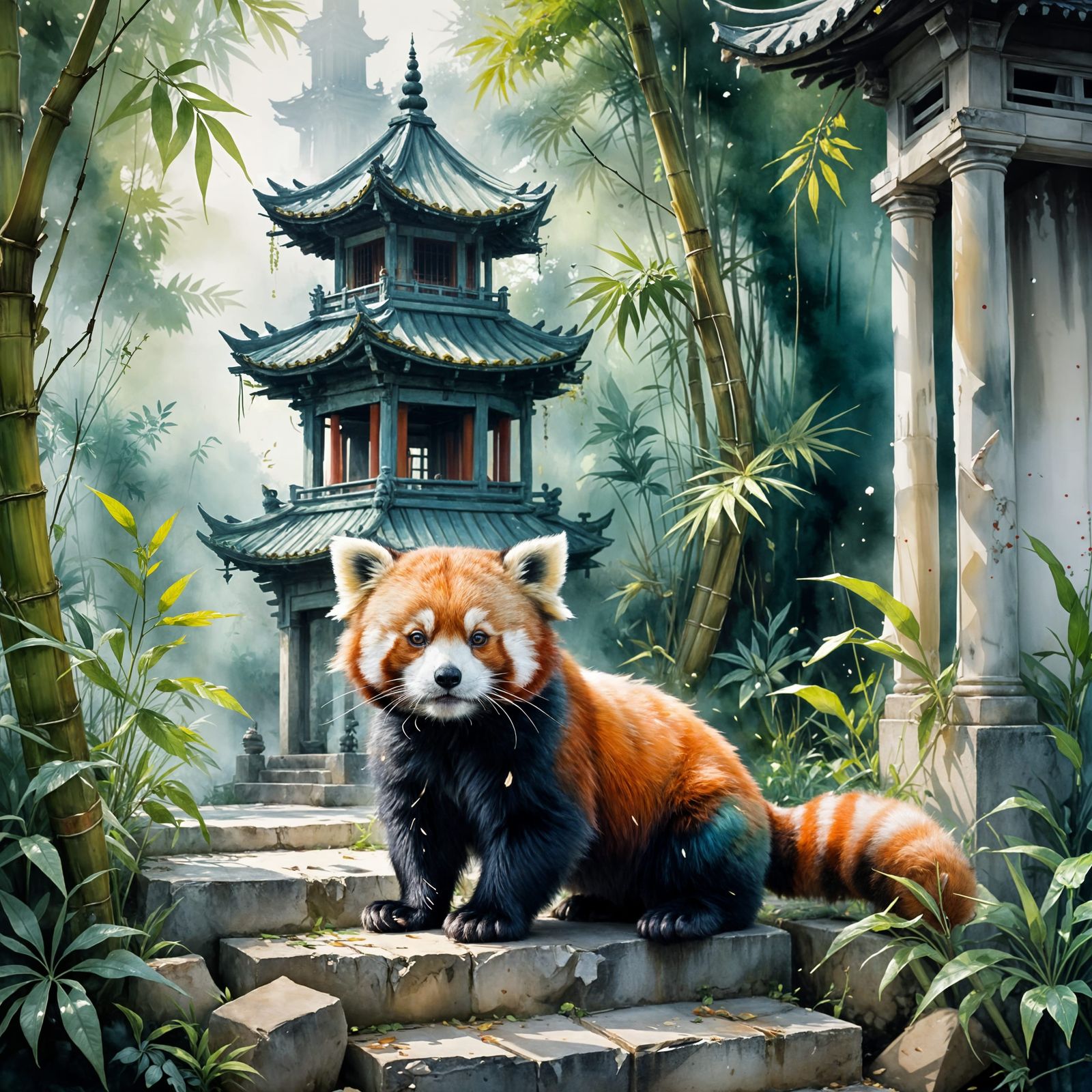 Red Panda in Bamboo Garden: Watercolor Art
