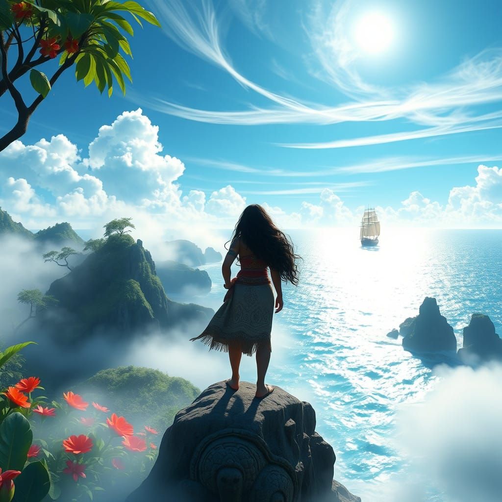 Moana Standing on a Misty Cliff, Tropical Paradise