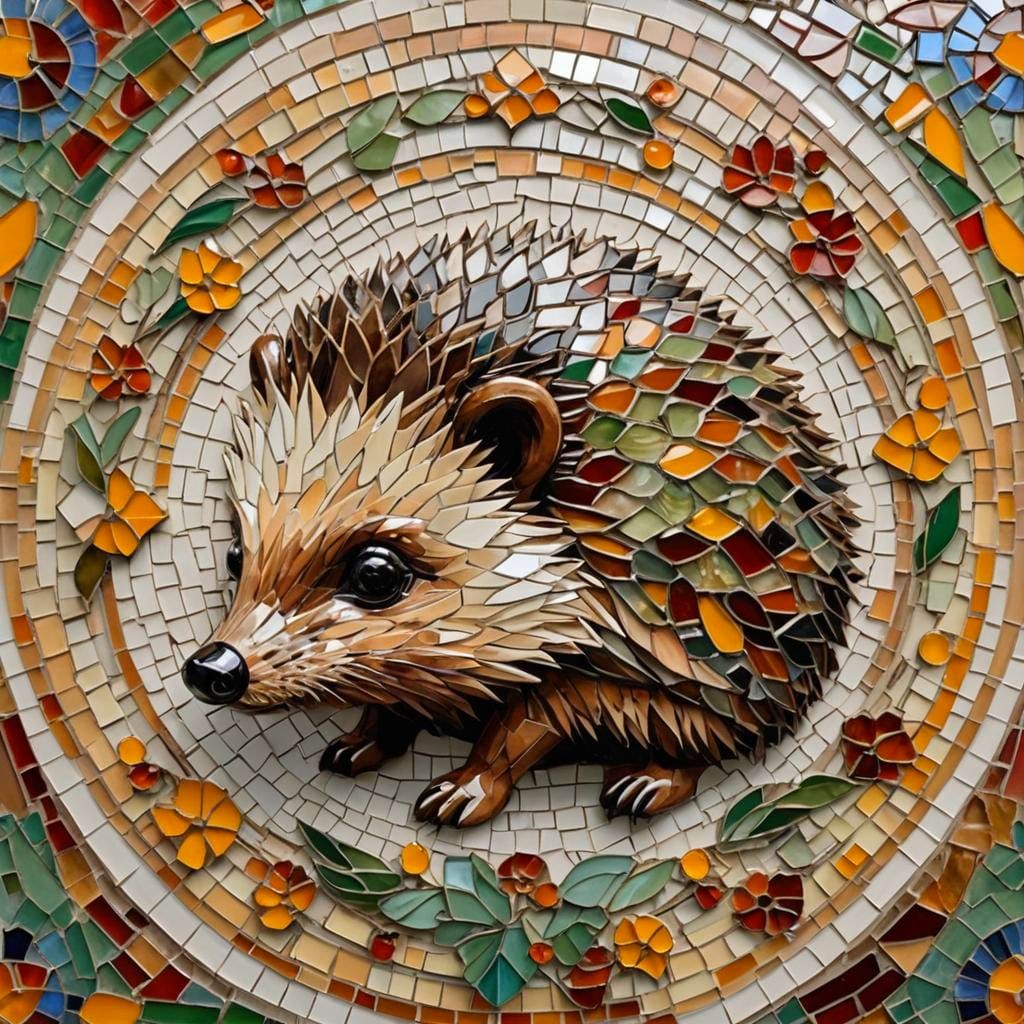 Art Nouveau Baby Hedgehog Mosaic in Warm Colors