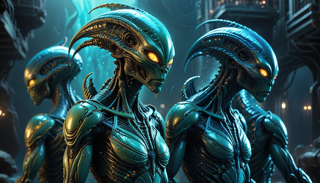 Advanced Alien Humanoids with Golden Skin and Six Arms
