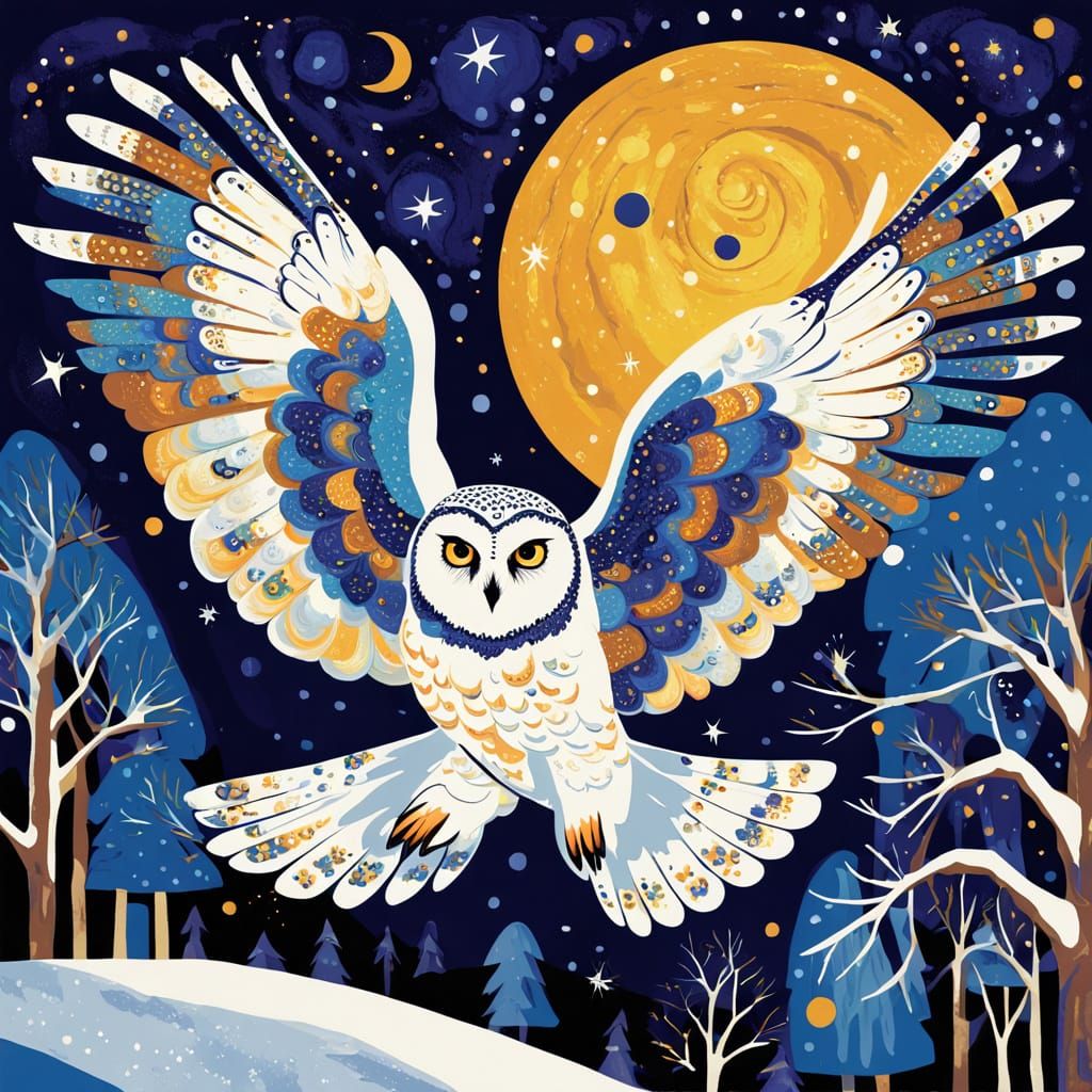 Mid-Century Pop Art Snow Owl Flying At Night