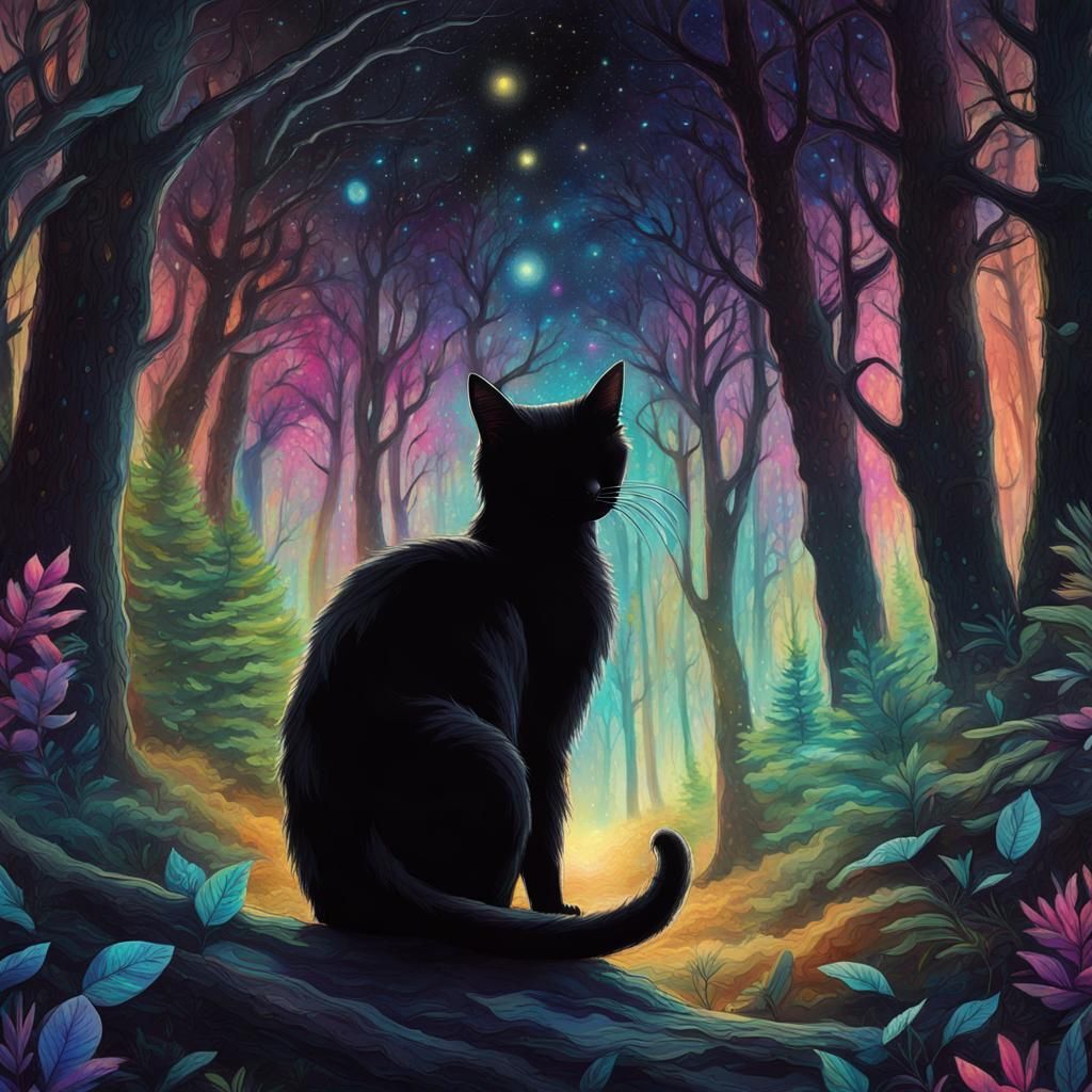 Black Cat in Dark Woods: Holographic Astral Illustration