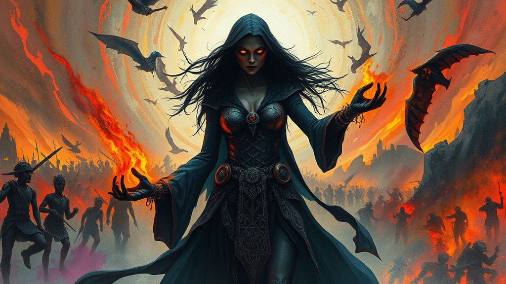 Mystical Woman Wielding Magic in Impasto Landscape