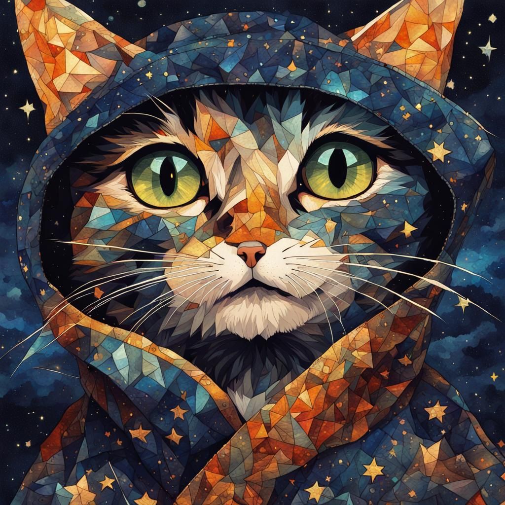 an adorable cat dressed in a patched coat, dark starry night...
