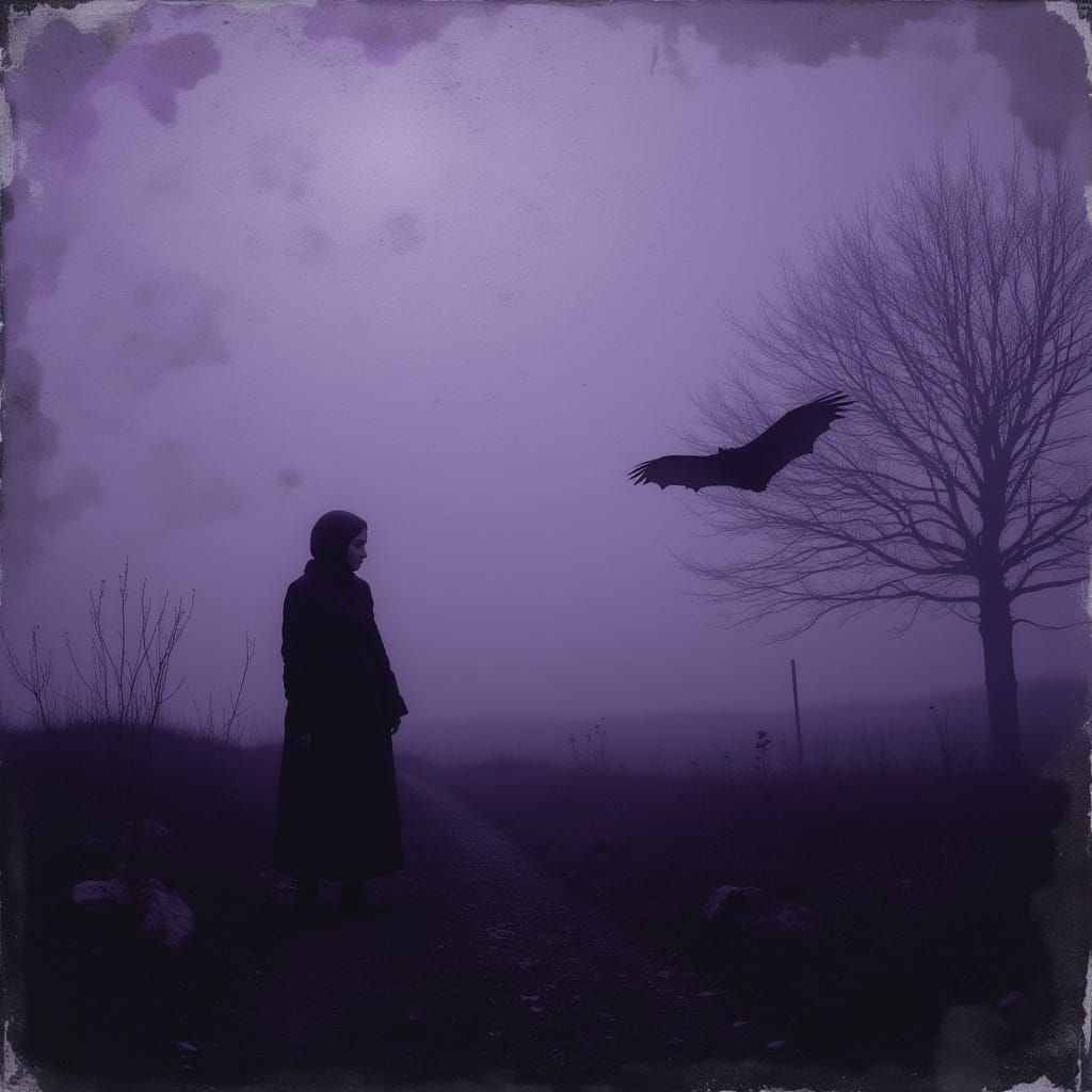 Spectral Bat Over Desolate Field in Moody Twilight