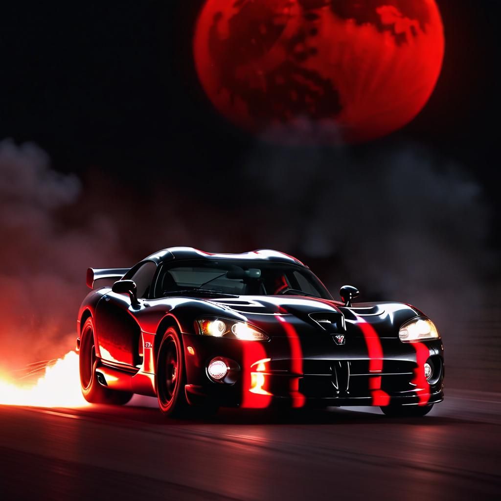 Fiery Dodge Viper Drifting Under Red Moon