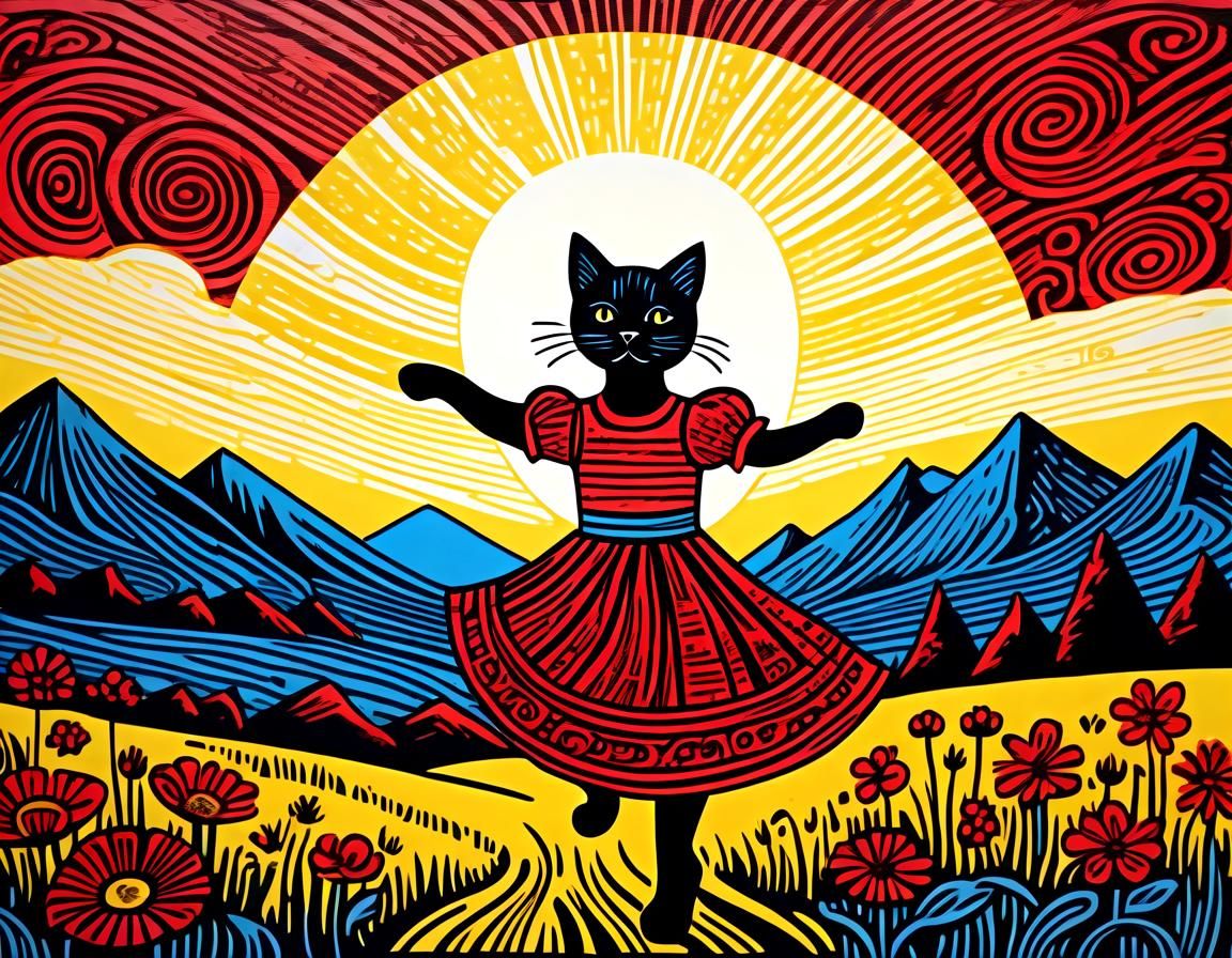 Dancing Woman and Kitten in Woodcut Style