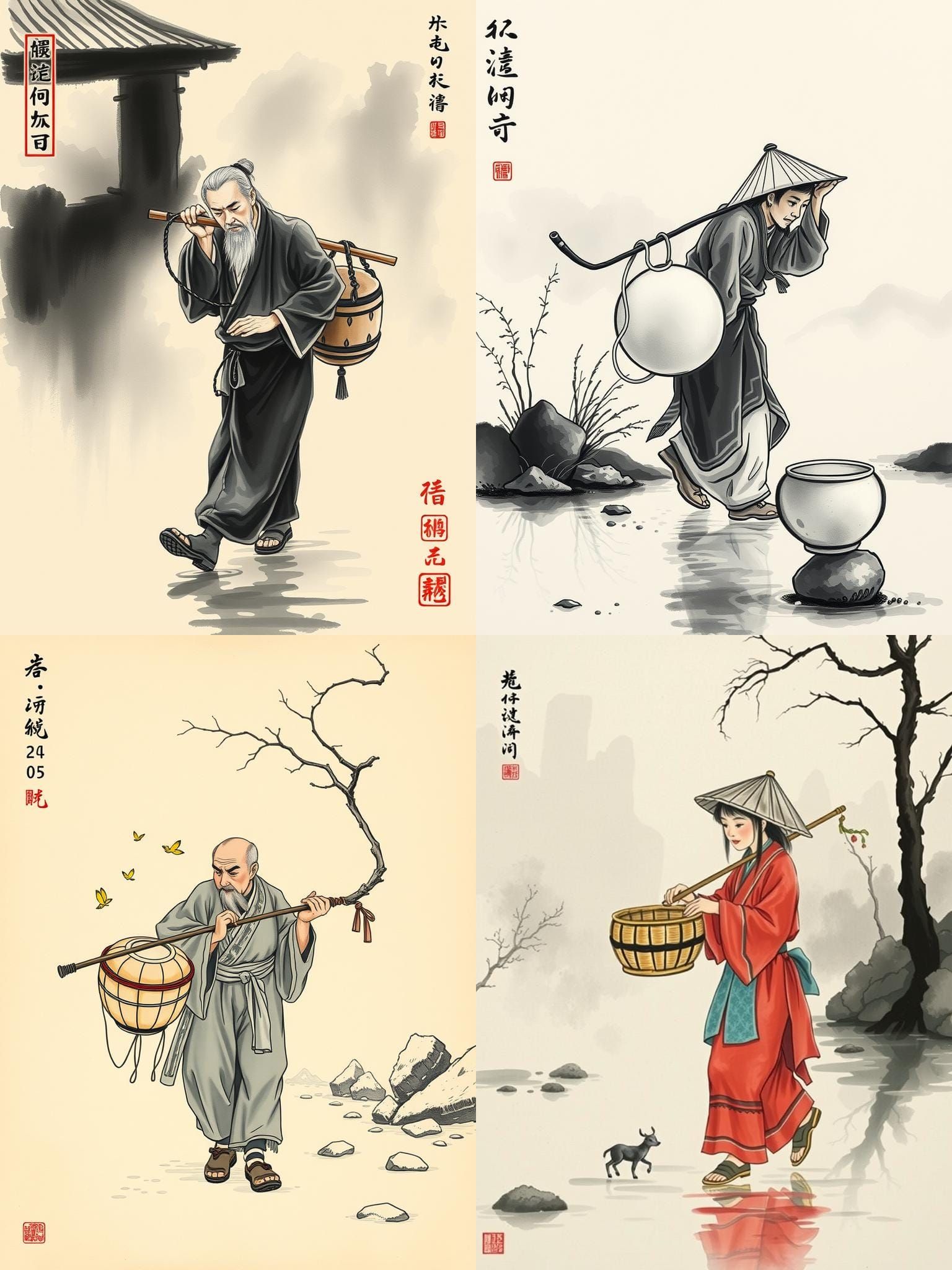 Traditional Chinese Figure with Yoke in Ink Wash Style