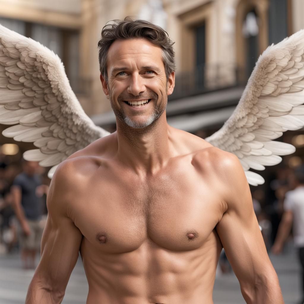 Realistic Angel Man Smiling in Town Square