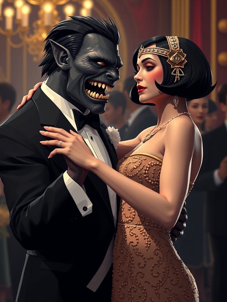 Monster and Witch Dancing in Art Deco Style