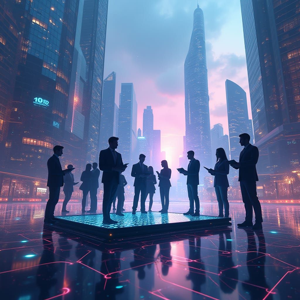 Futuristic Cityscape with Project Managers in High-Tech Coll...