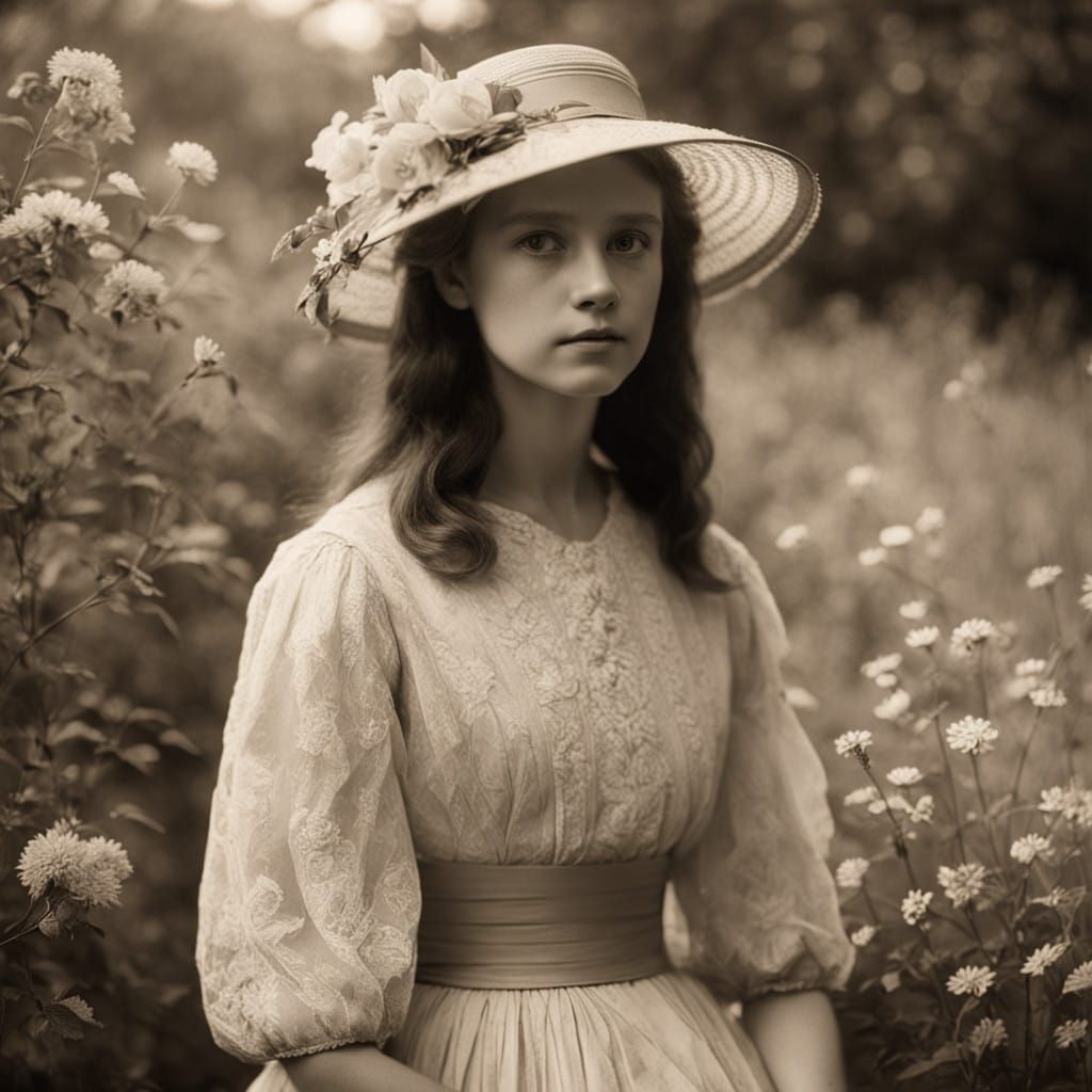 Elegant Woman in Lush Garden, Sepia-Toned Photograph